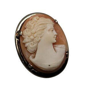 Vintage Carved Shell Cameo Brooch Gold Tone Framed Pink White Lady w/Hair Up